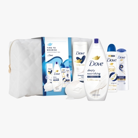 Set cadou: gel de duș Deeply Nourishing 250ml+ deodorant Original 150ml + loțiune de corp Essential Care + săpun solid Original 90g + șampon Intensive Repair 250ml + geantă cadou