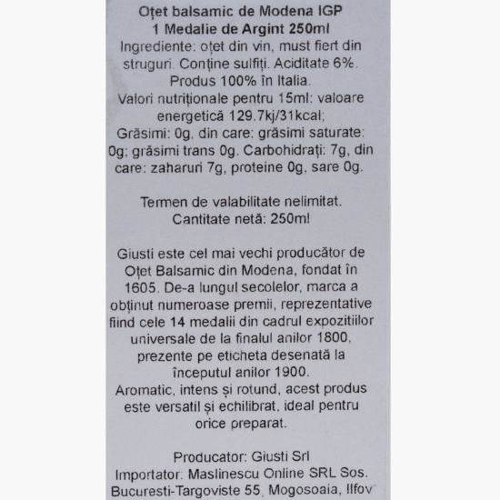 Oțet balsamic de Modena IGP Giuseppe Giusti, medalie de argint, 0.25l