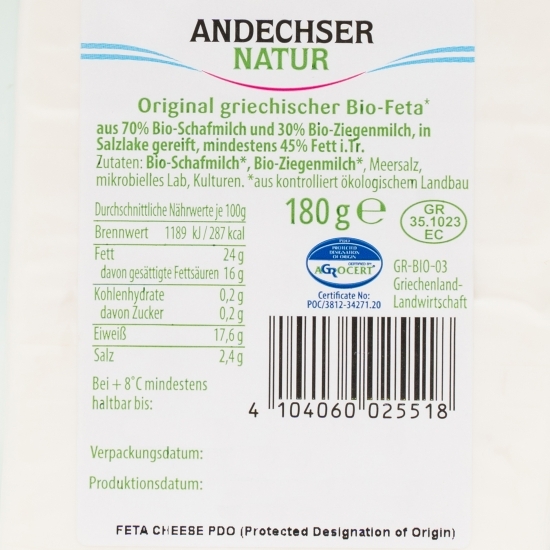 Brânză Feta eco originală Grecia 45% grăsime 180g 