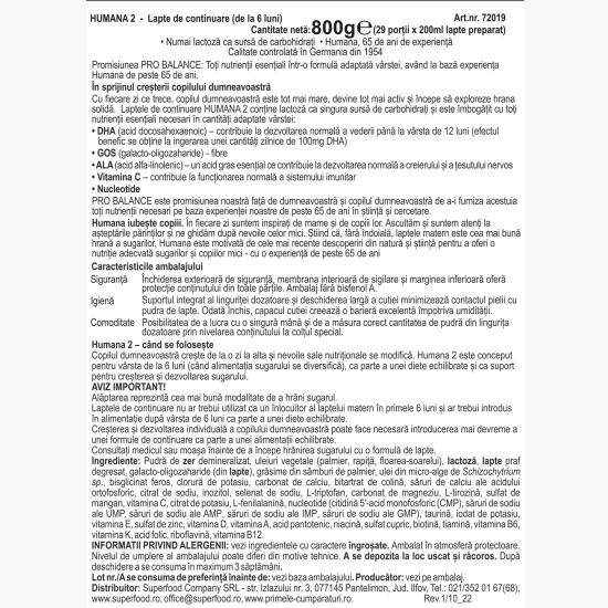 Lapte praf Formulă de continuare 2 Probalance, 6+ luni, 800g