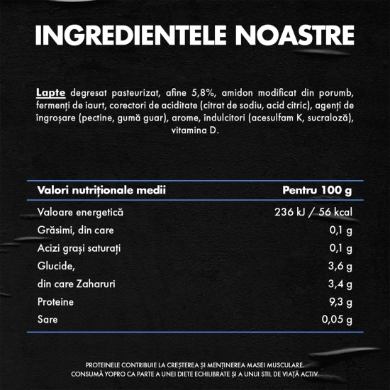 Produs lactat fermentat cu afine și îndulcitori, bogat în proteine, 0.1% grăsime, 160g