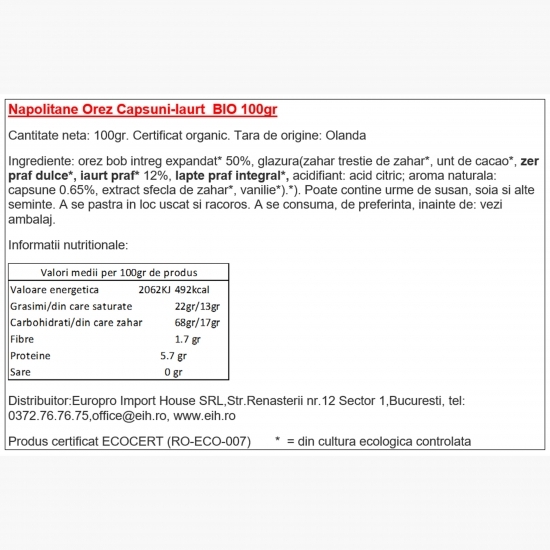 Napolitane din orez cu căpșuni, eco, fără gluten 100g