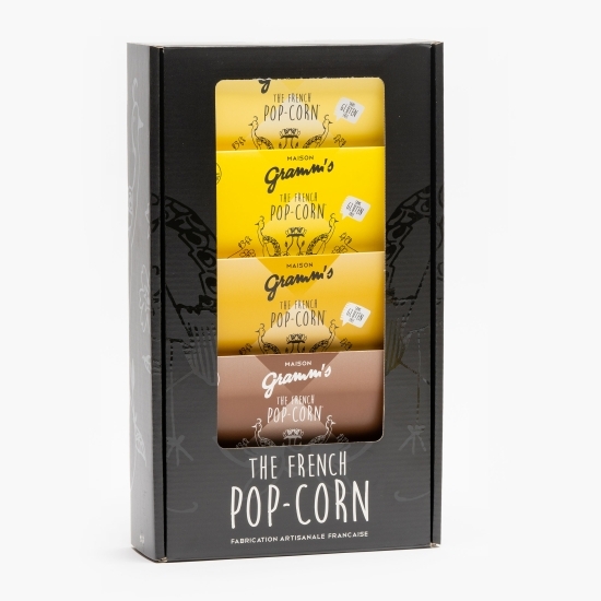 Cutie cadou 4 pliculețe popcorn cu ciocolată lapte 120g