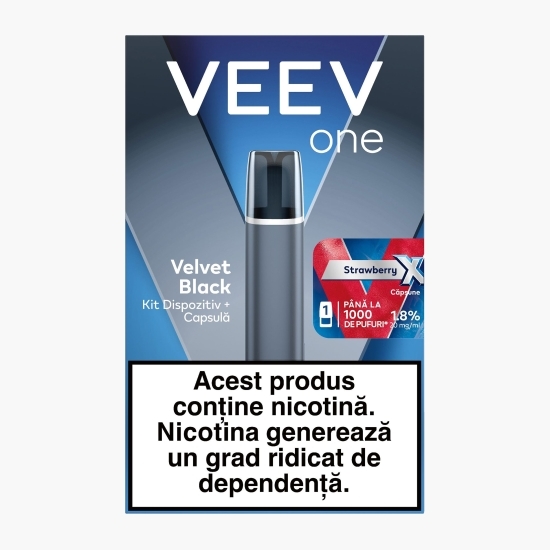 Kit dispozitiv + capsulă pentru țigară electronică Velvet Black Strawberry X 1.8%, 20mg/ml nicotină, 1000 puffs