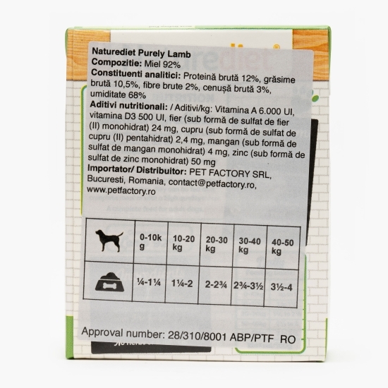 Hrană umedă pentru câini, pate hipoalergenic, 390g, Purely cu miel