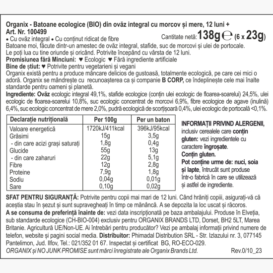 Batoane ecologice din ovăz integral cu morcov și mere, 6x23g, 12+ luni