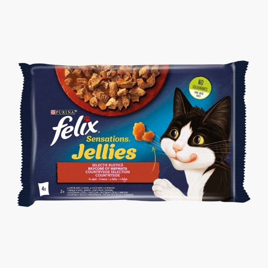 Hrană umedă pentru pisici, 4x85g,  Sensations cu vită în aspic cu roșii și pui în aspic cu morcov
