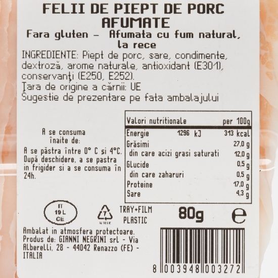 Pancetta Tesa, piept de porc feliat și afumat 80g