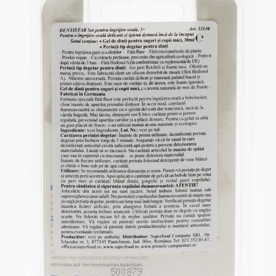 Set pastă de dinți pentru copii fără fluor bio 30ml + degetar moale din silicon, +3 luni 