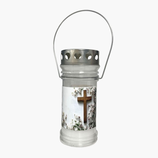 Candelă felinar din plastic, cu capac și mâner, model cruce, alb (~54 ore)