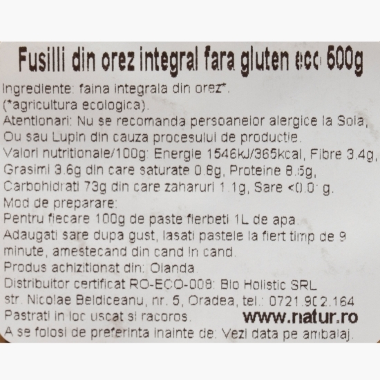 Paste eco fusilli din orez integral, fără gluten 500g