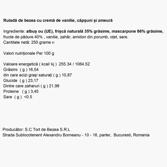 Ruladă de bezea cu cremă de vanilie, căpșuni și zmeură 250g