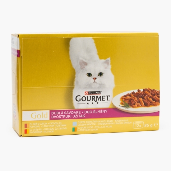 Hrană umedă pentru pisici Duo Gold, 12x85g, mix de arome (rață & curcan, vită & pui, pește oceanic, iepure & ficat)