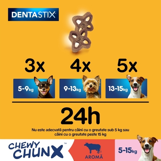 Recompense pentru câini de talie mică și medie, 68g, DentaStix Chewy Chunx cu aromă vită