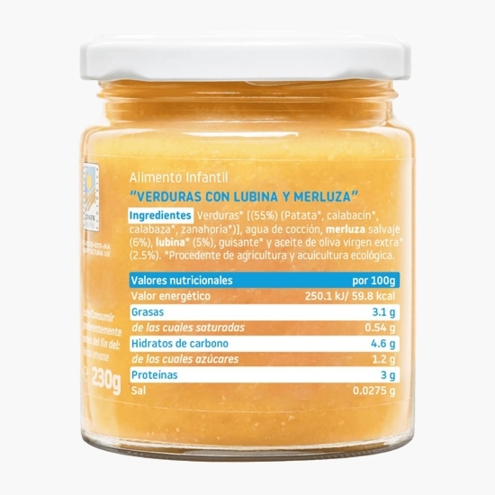 Piure eco de legume cu merluciu, biban și ulei măsline, +6luni, 230g