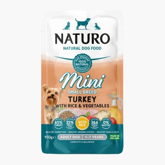 Hrană umedă pentru câini adulți de talie mică 150g, cu curcan, orez și legume