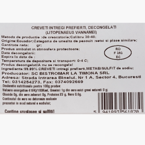 Creveți întregi prefierți, calibru 40/50, 200g