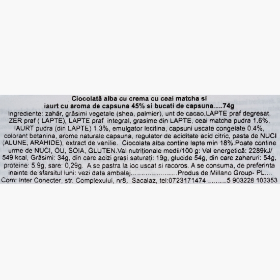 Baton cu ciocolată albă, cu matcha și căpșune, 74g