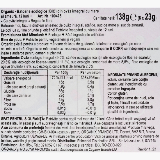 Batoane ecologice din ovăz integral cu mere și zmeură, 6x23g, 12+ luni