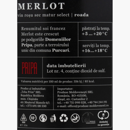 Vin roșu sec Merlot, 14.5%, 0.75l