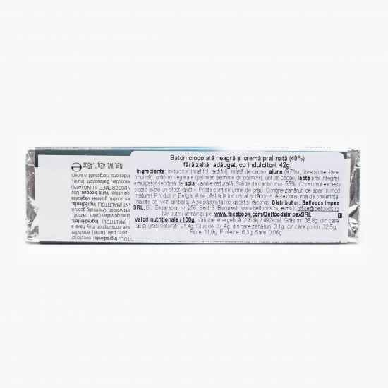 Baton ciocolată neagră și cremă pralinată fără zahăr 42g