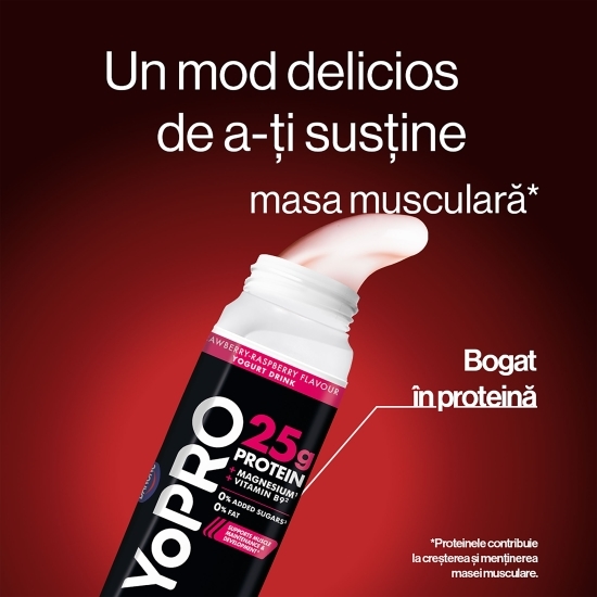 Iaurt de băut cu gust de căpșuni și zmeură, bogat în proteine, fără zahăr adăugat, 0.5% grăsime, 300g