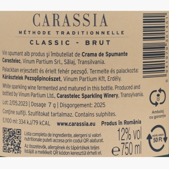 Vin spumant alb brut Carassia Classic, 12%, 0.75l
