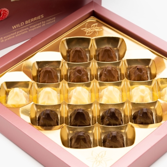 Praline asortate din ciocolată lapte, albă, amăruie cu fructe de pădure Mountain Dreams 150g