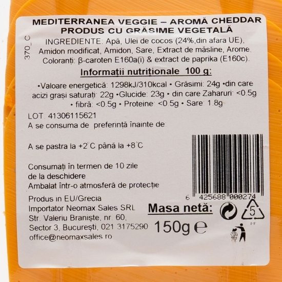Specialitate vegană cu aromă de cheddar, feliată, Veggie 150g