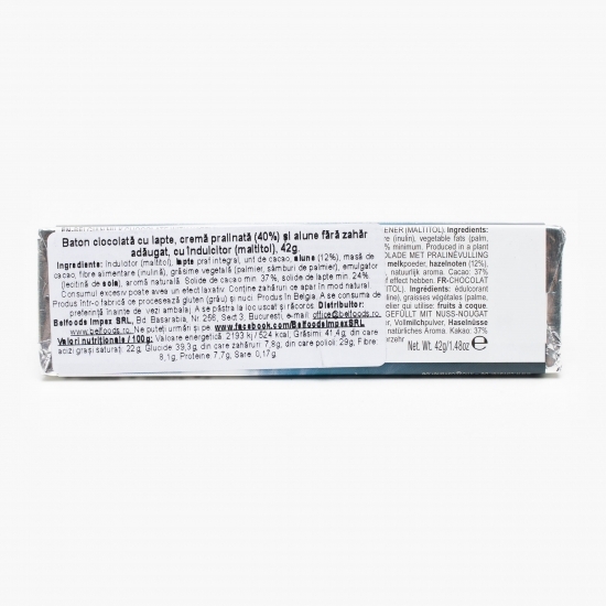 Baton de ciocolată cu lapte și cremă pralinată cu alune fără zahăr 42g