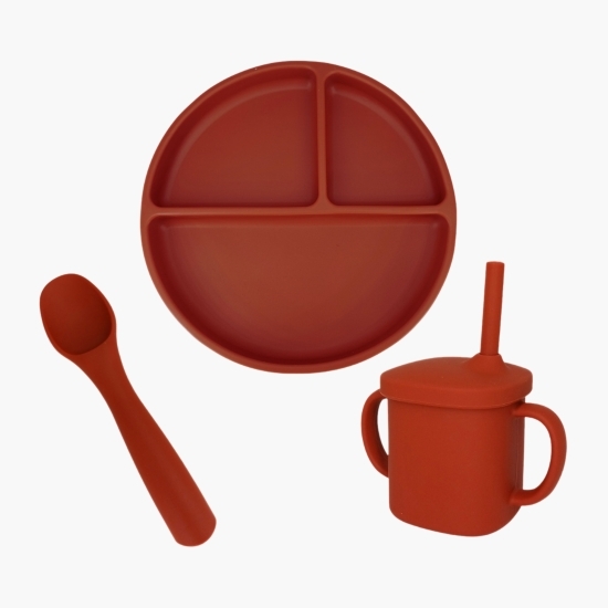 Set diversificare din silicon: farfurie rotundă compartimentată + linguriță + cană, roșu