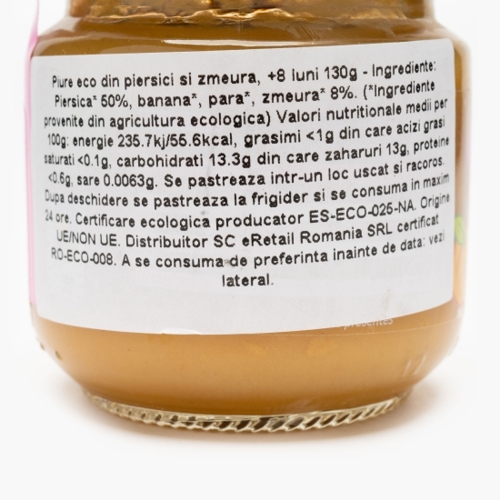 Piure eco din piersici și zmeură, +6 luni, 130g