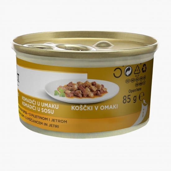 Hrană umedă pentru pisici, 85g, Mini fileuri în sos cu pui și ficat 
