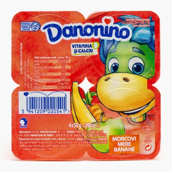 Brânzică de vaci pentru copii cu piure de banane, mere și morcov 4x50g