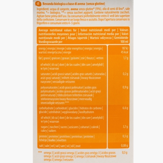 Băutură ecologică din ovăz cu Omega 3, fără gluten 1l