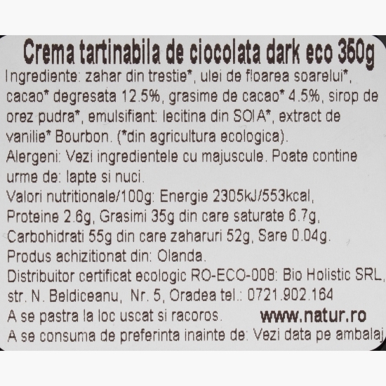 Cremă tartinabilă vegană de ciocolată neagră eco 350g