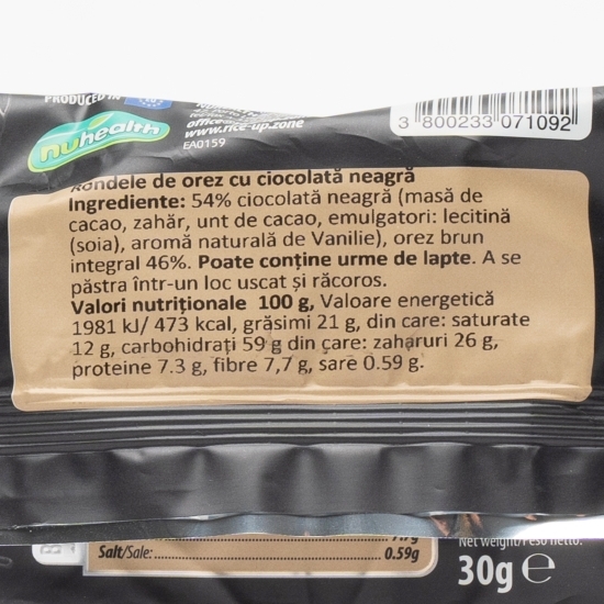 Rondele de orez cu ciocolată neagră fără gluten 30g