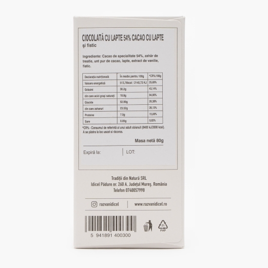 Ciocolată cu lapte și fistic 54% cacao 80g