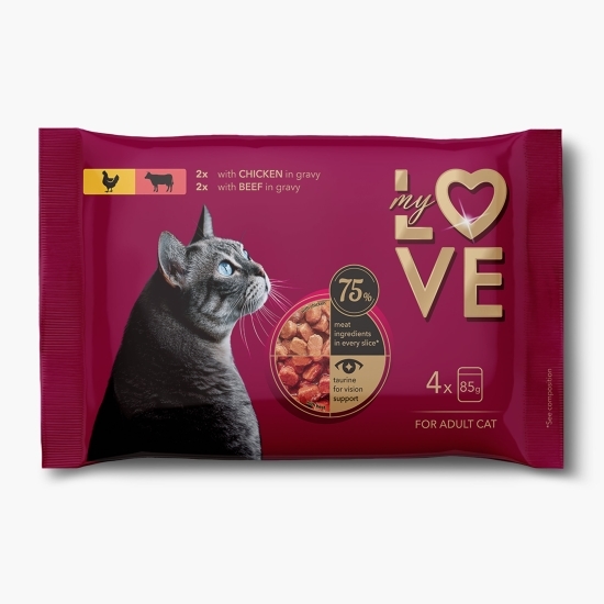 Set hrană umedă pentru pisici, cu pui și vită, 4x85g