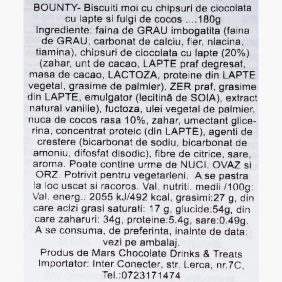 Biscuiți cu ciocolată și fulgi de cocos, Bounty Cookies 180g