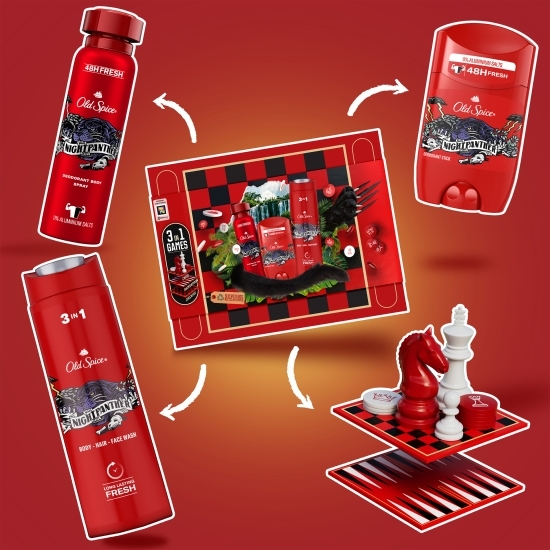 Set cadou Gamebox Nightpanther: gel de duș 400ml + deodorant stick 50ml + deodorant spray 150ml + 3 jocuri de societate