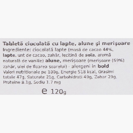 Ciocolată 44% cu alune și merișor 120g