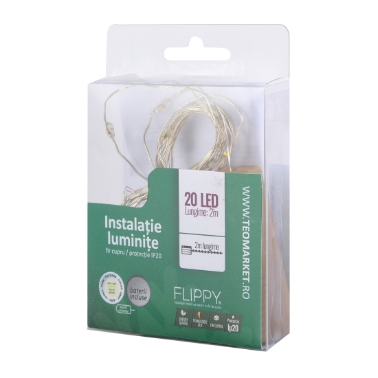 Instalație Crăciun, liniară, 3m, baterii, 30 led-uri, fir cupru