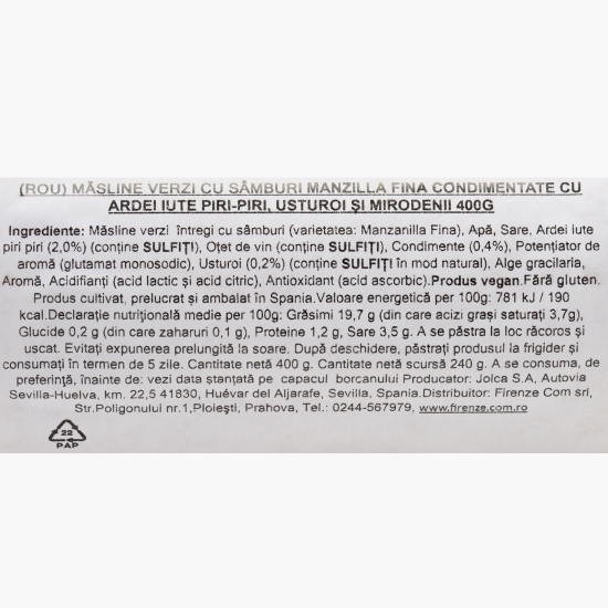 Măsline verzi Manzilla Fina cu sâmburi, cu ardei iute Piri-piri, usturoi și mirodenii 400g