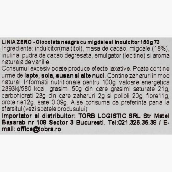 Ciocolată neagră cu 72% cacao și migdale, fără zahăr adăugat 150g