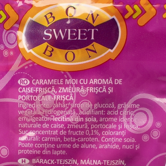 Caramele moi cu aromă de frișcă cu caise, zmeură și portocale 80g