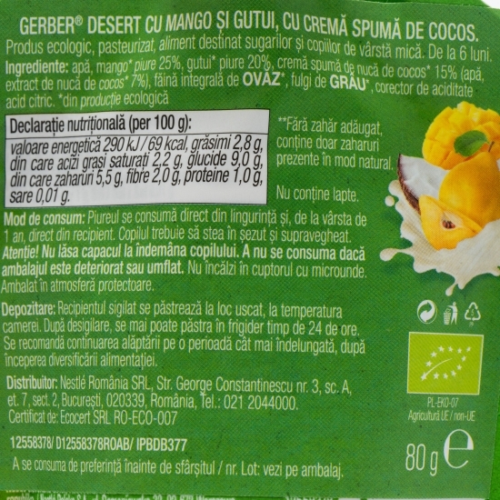 Desert ecologic cu mango și gutui, cu mousse de cocos 80g, +6 luni