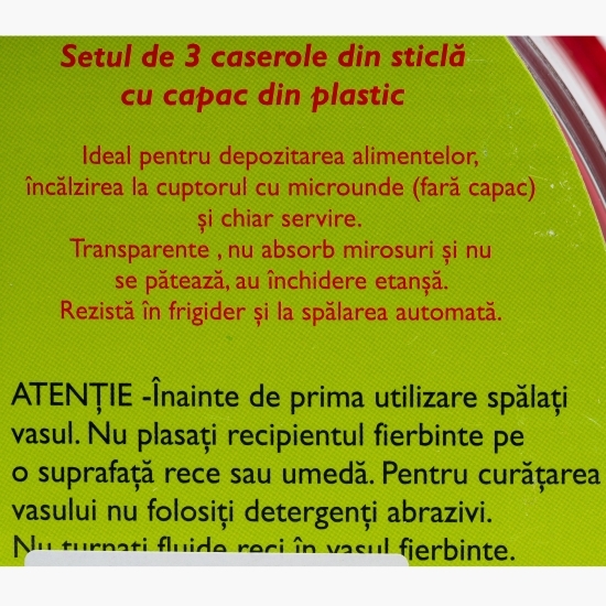 Set 3 caserole rotunde din sticlă, 450/840/1500ml