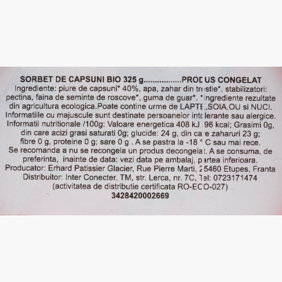 Sorbet eco căpșuni cu 40% piure de fruct, 500ml