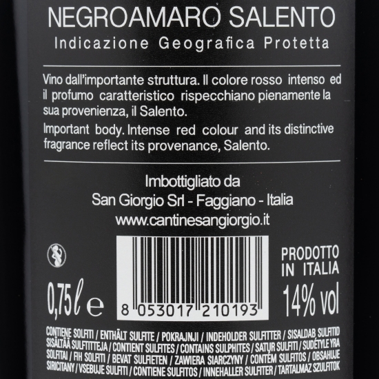 Vin roșu sec Sentieri Infiniti Negroamaro Salento, 14%, 0.75l